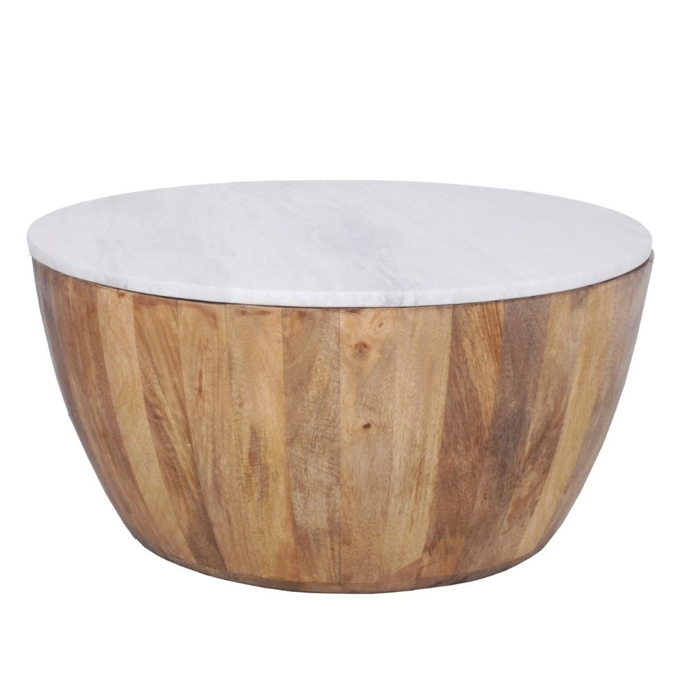 Cecile Mango Wood Drum Coffee Table With Marble Top